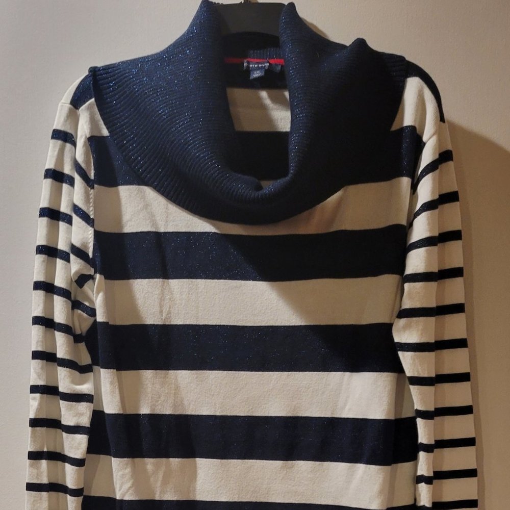 Tommy Hilfiger Blue and White Stripe Oversize Cowl Neck Sweater (Large)